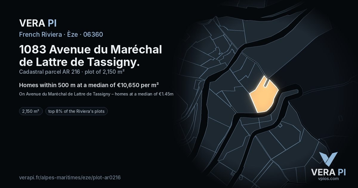 1083 Avenue du Maréchal de Lattre de Tassigny, Èze at night – the plot lit, the parcels around coloured by the prices near them