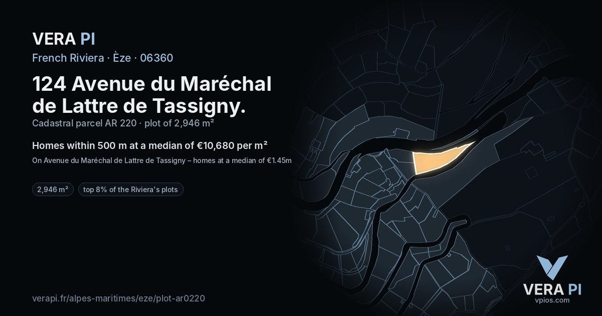 124 Avenue du Maréchal de Lattre de Tassigny, Èze at night – the plot lit, the parcels around coloured by the prices near them