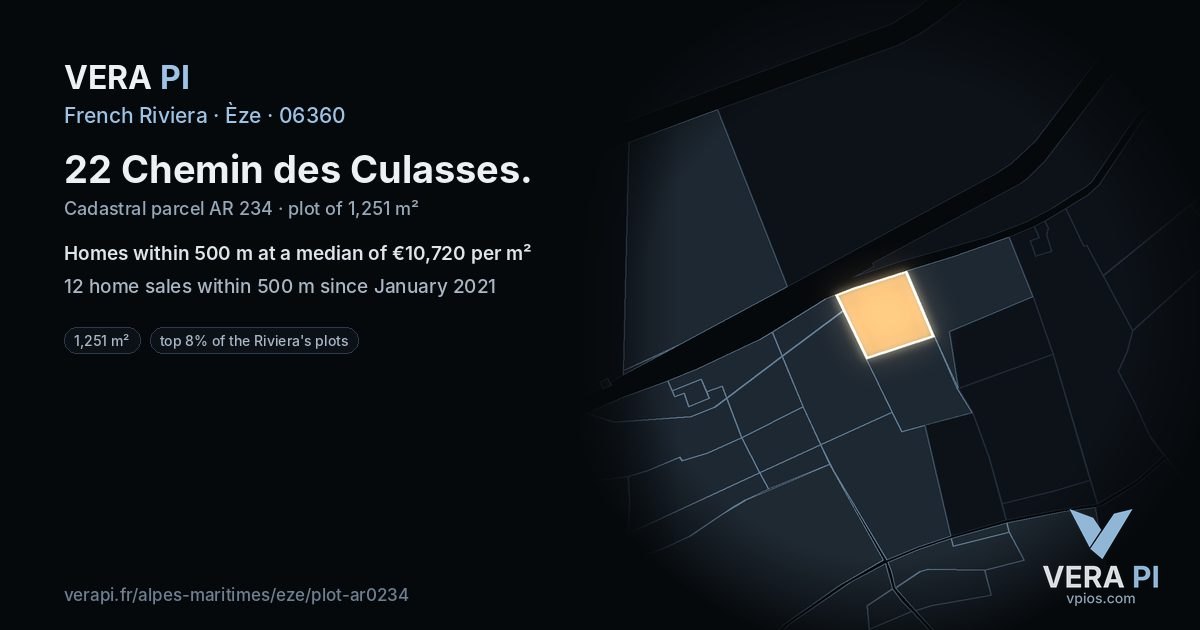 22 Chemin des Culasses, Èze at night – the plot lit, the parcels around coloured by the prices near them