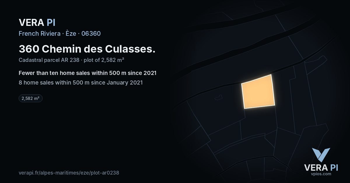360 Chemin des Culasses, Èze at night – the plot lit, the parcels around coloured by the prices near them