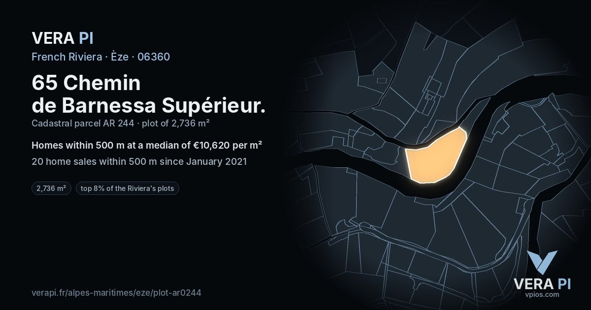 65 Chemin de Barnessa Supérieur, Èze at night – the plot lit, the parcels around coloured by the prices near them