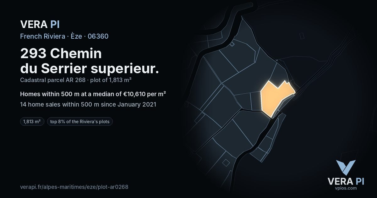 293 Chemin du Serrier superieur, Èze at night – the plot lit, the parcels around coloured by the prices near them