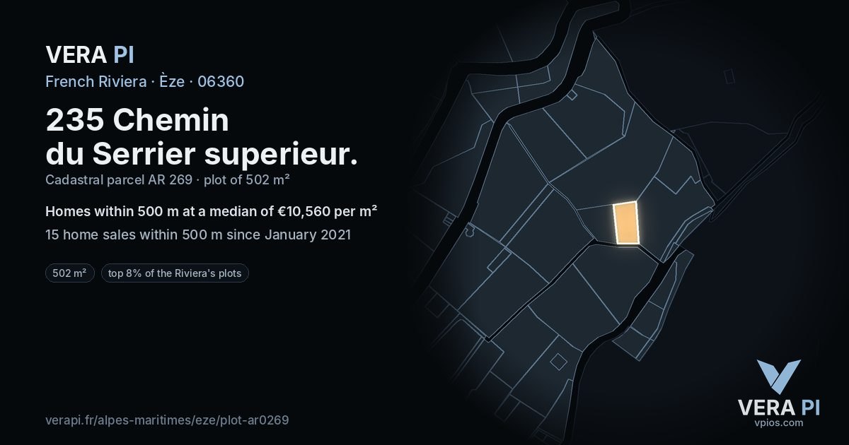 235 Chemin du Serrier superieur, Èze at night – the plot lit, the parcels around coloured by the prices near them