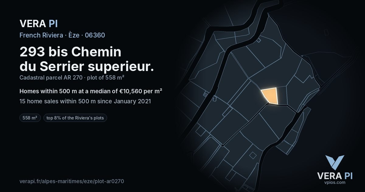 293 bis Chemin du Serrier superieur, Èze at night – the plot lit, the parcels around coloured by the prices near them
