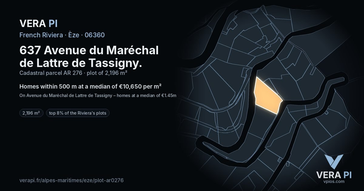 637 Avenue du Maréchal de Lattre de Tassigny, Èze at night – the plot lit, the parcels around coloured by the prices near them