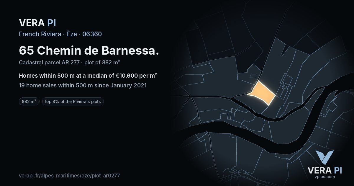 65 Chemin de Barnessa, Èze at night – the plot lit, the parcels around coloured by the prices near them