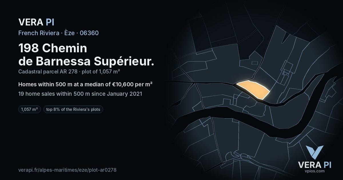 198 Chemin de Barnessa Supérieur, Èze at night – the plot lit, the parcels around coloured by the prices near them