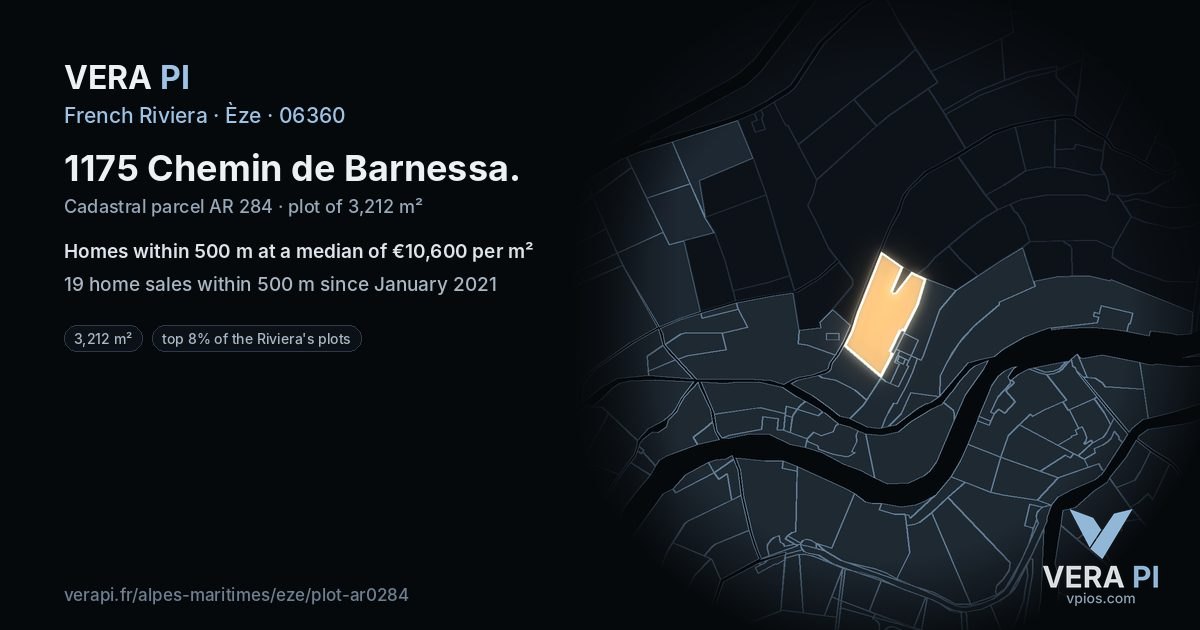 1175 Chemin de Barnessa, Èze at night – the plot lit, the parcels around coloured by the prices near them