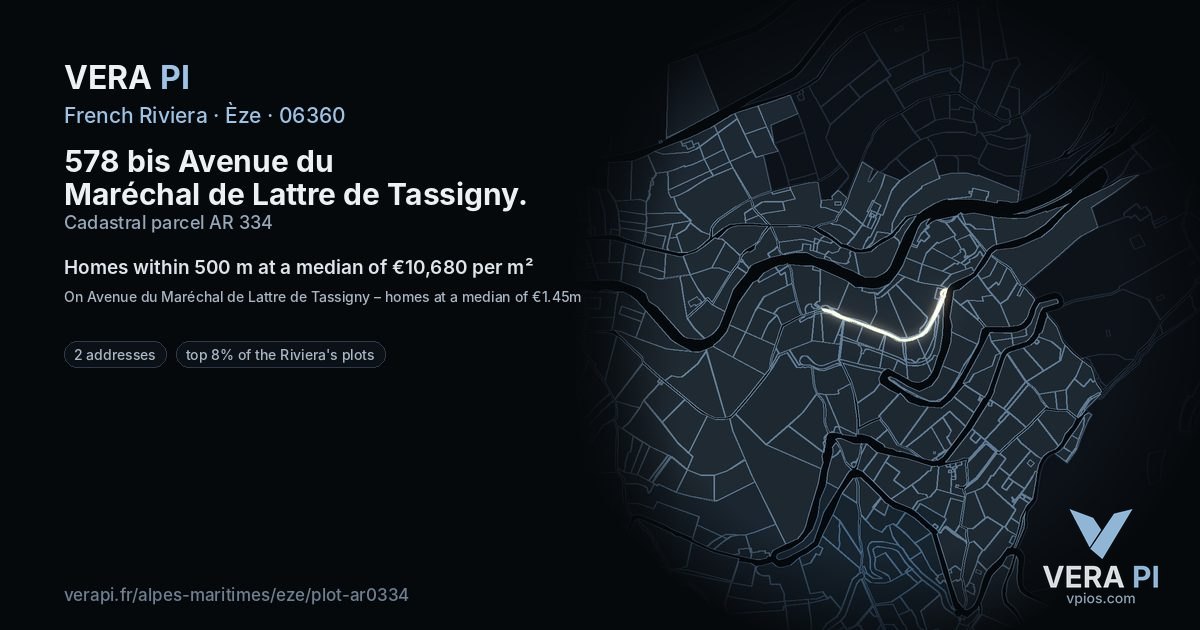 578 bis Avenue du Maréchal de Lattre de Tassigny, Èze at night – the plot lit, the parcels around coloured by the prices near them