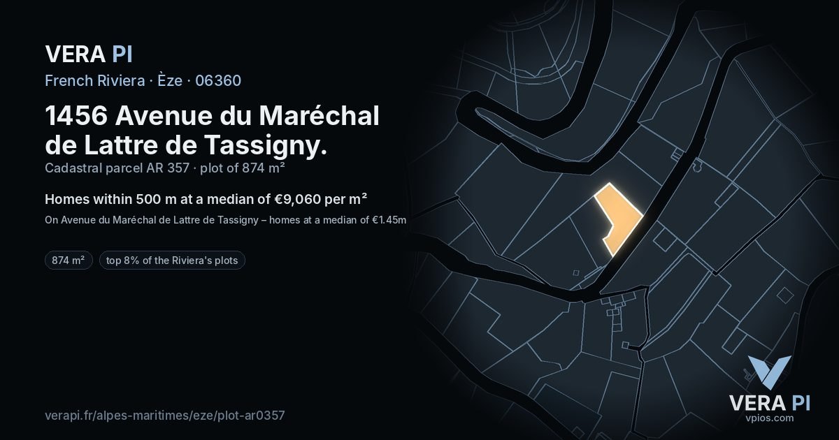 1456 Avenue du Maréchal de Lattre de Tassigny, Èze at night – the plot lit, the parcels around coloured by the prices near them