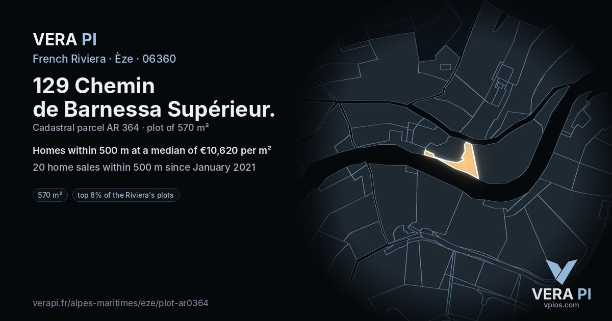 129 Chemin de Barnessa Supérieur, Èze at night – the plot lit, the parcels around coloured by the prices near them