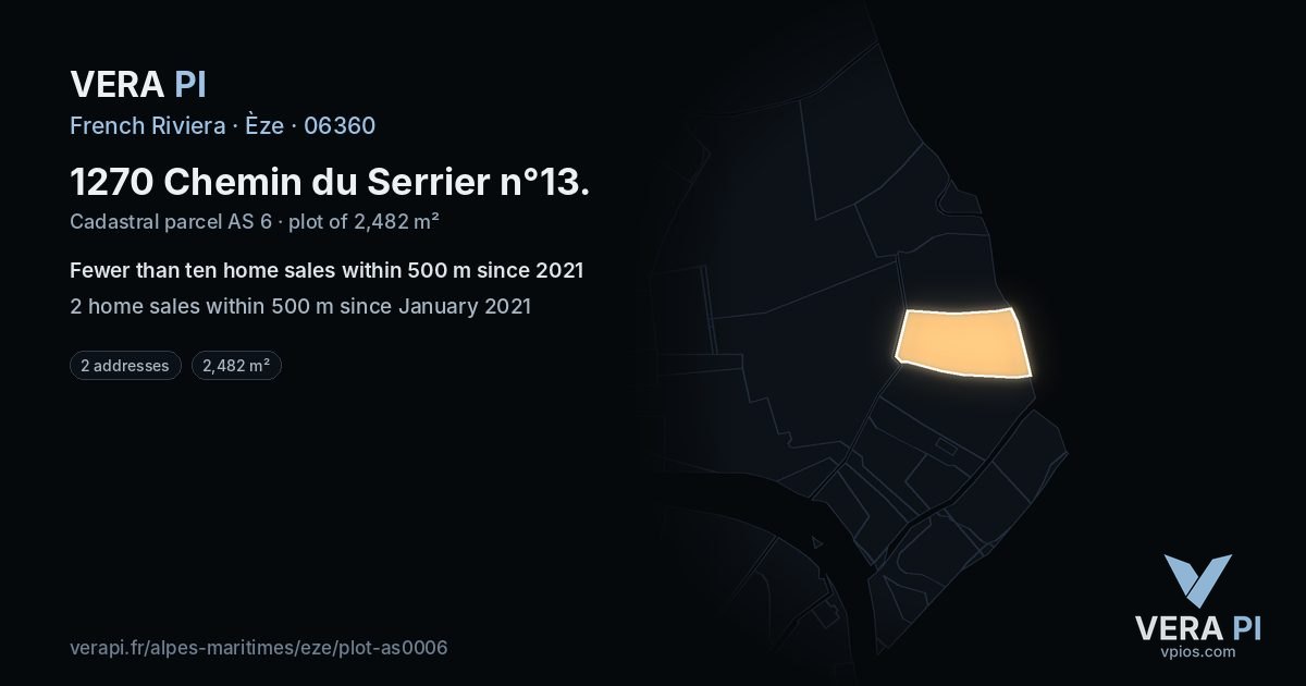 1270 Chemin du Serrier n°13, Èze at night – the plot lit, the parcels around coloured by the prices near them