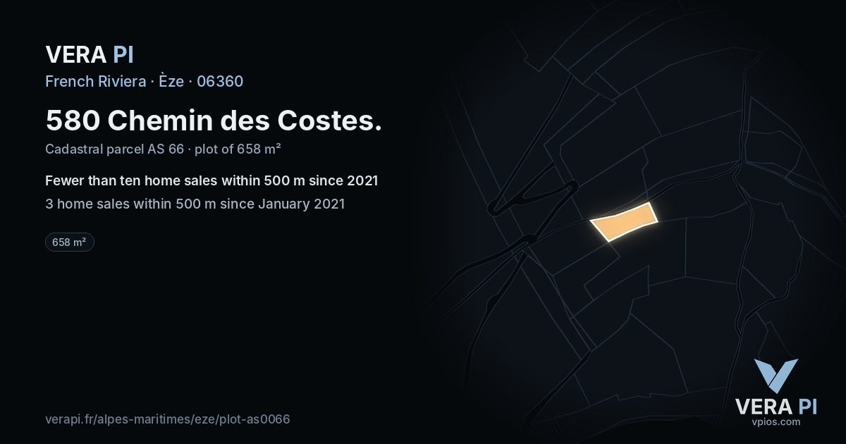 580 Chemin des Costes, Èze at night – the plot lit, the parcels around coloured by the prices near them