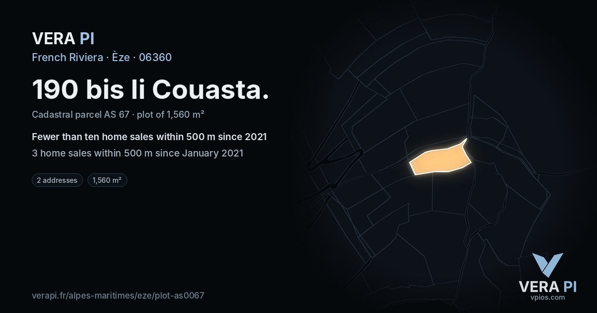 190 bis li Couasta, Èze at night – the plot lit, the parcels around coloured by the prices near them