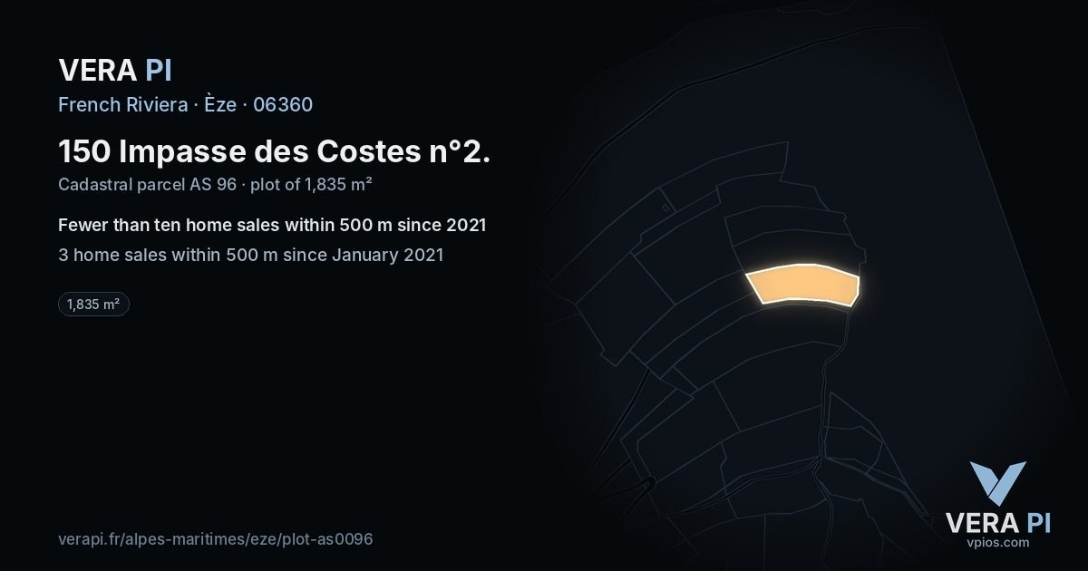 150 Impasse des Costes n°2, Èze at night – the plot lit, the parcels around coloured by the prices near them