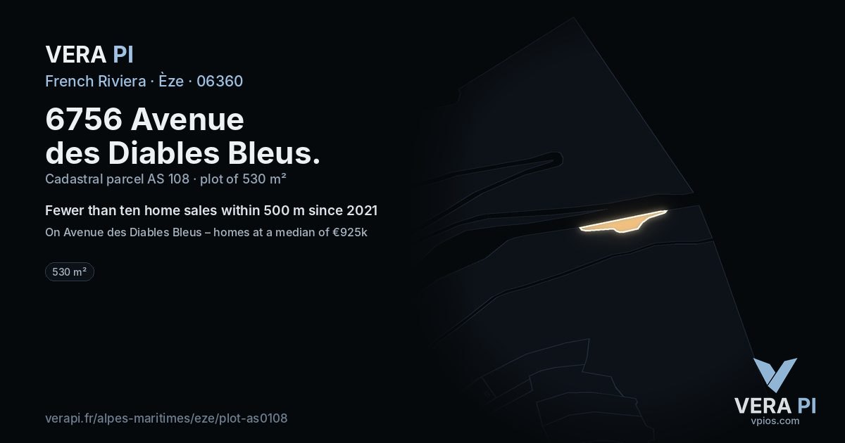 6756 Avenue des Diables Bleus, Èze at night – the plot lit, the parcels around coloured by the prices near them