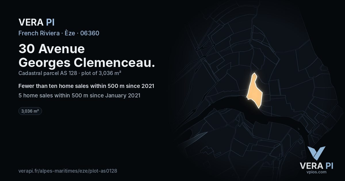30 Avenue Georges Clemenceau, Èze at night – the plot lit, the parcels around coloured by the prices near them