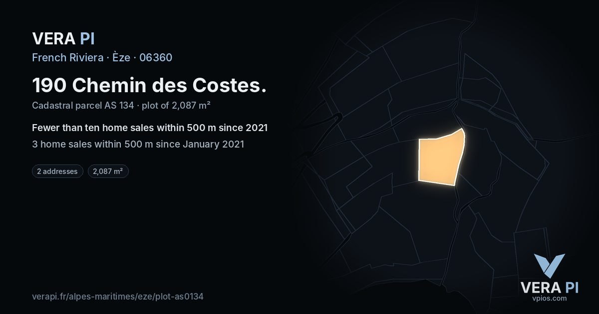 190 Chemin des Costes, Èze at night – the plot lit, the parcels around coloured by the prices near them
