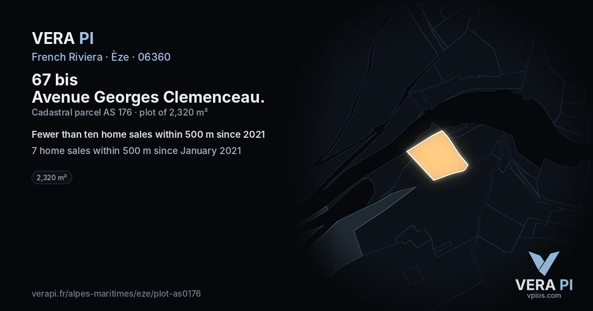 67 bis Avenue Georges Clemenceau, Èze at night – the plot lit, the parcels around coloured by the prices near them