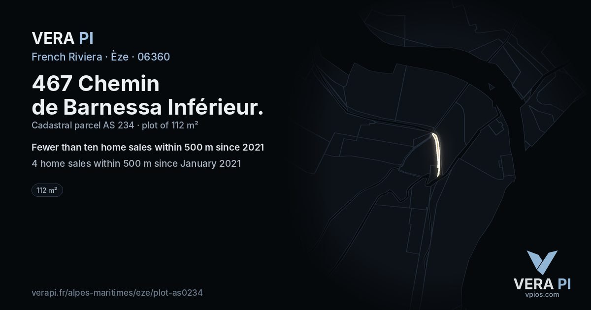 467 Chemin de Barnessa Inférieur, Èze at night – the plot lit, the parcels around coloured by the prices near them