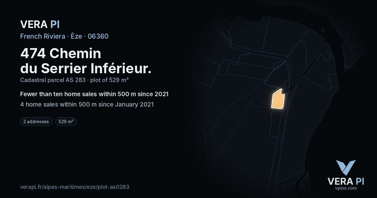 474 Chemin du Serrier Inférieur, Èze at night – the plot lit, the parcels around coloured by the prices near them