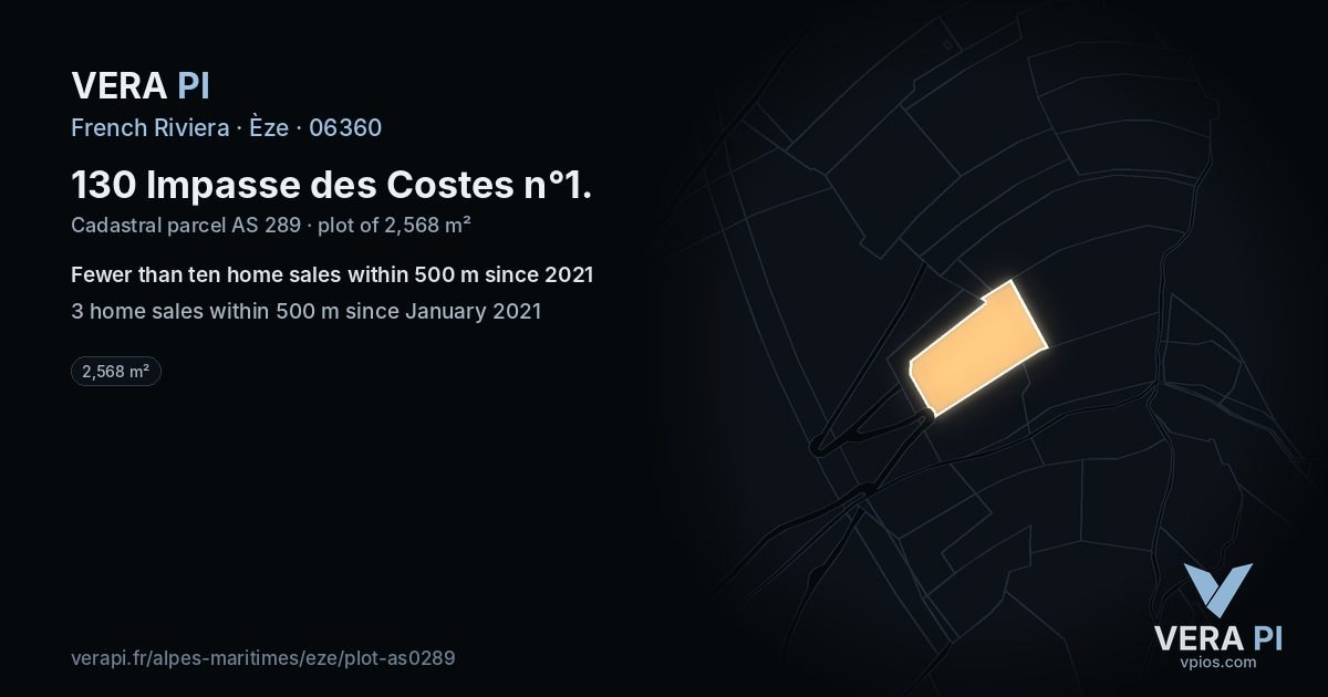 130 Impasse des Costes n°1, Èze at night – the plot lit, the parcels around coloured by the prices near them