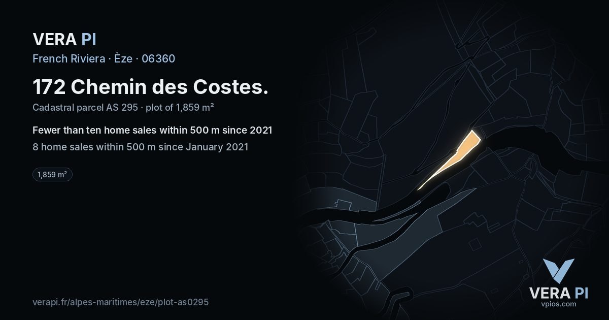 172 Chemin des Costes, Èze at night – the plot lit, the parcels around coloured by the prices near them