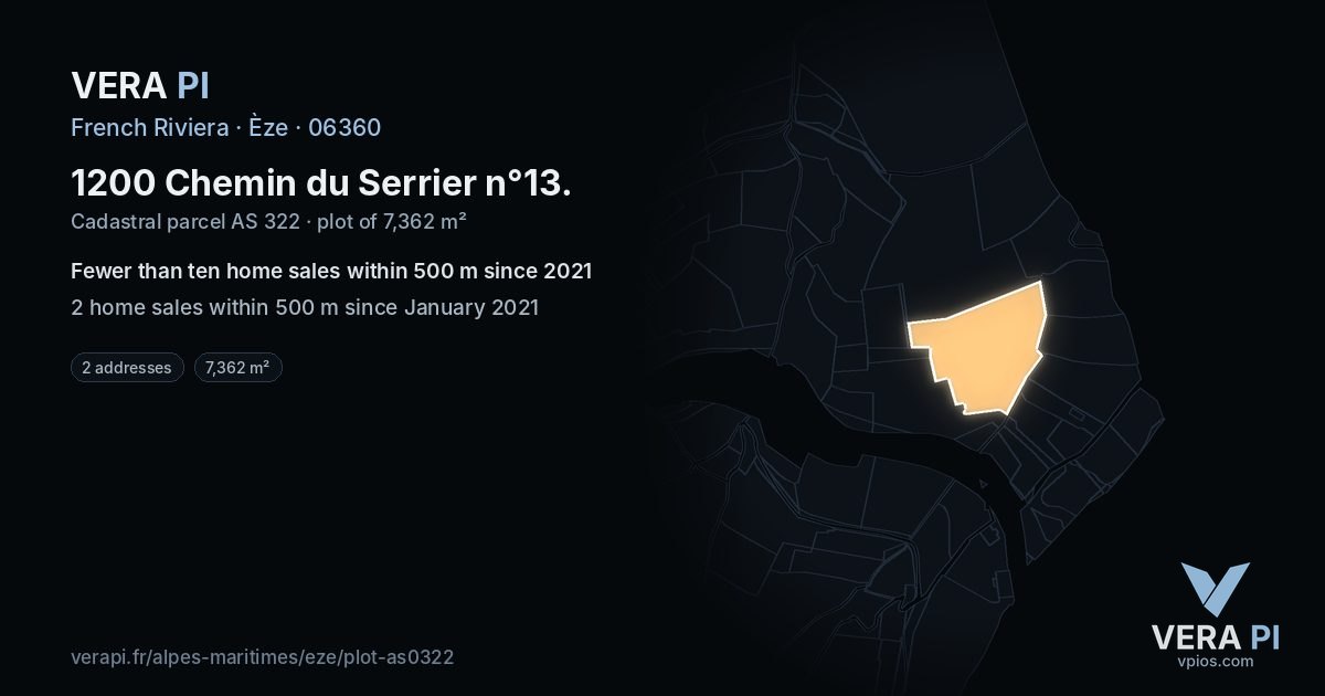 1200 Chemin du Serrier n°13, Èze at night – the plot lit, the parcels around coloured by the prices near them