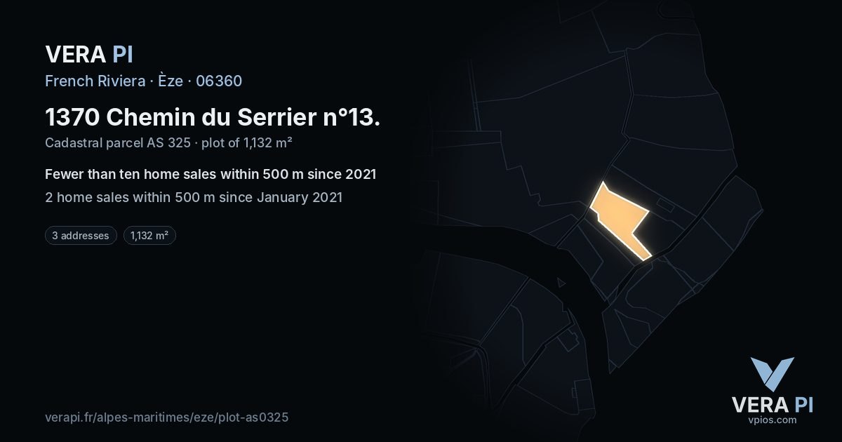 1370 Chemin du Serrier n°13, Èze at night – the plot lit, the parcels around coloured by the prices near them