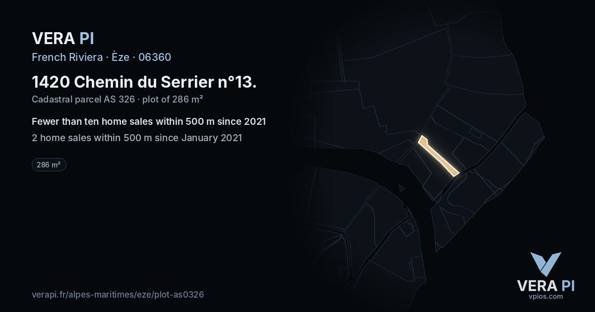 1420 Chemin du Serrier n°13, Èze at night – the plot lit, the parcels around coloured by the prices near them