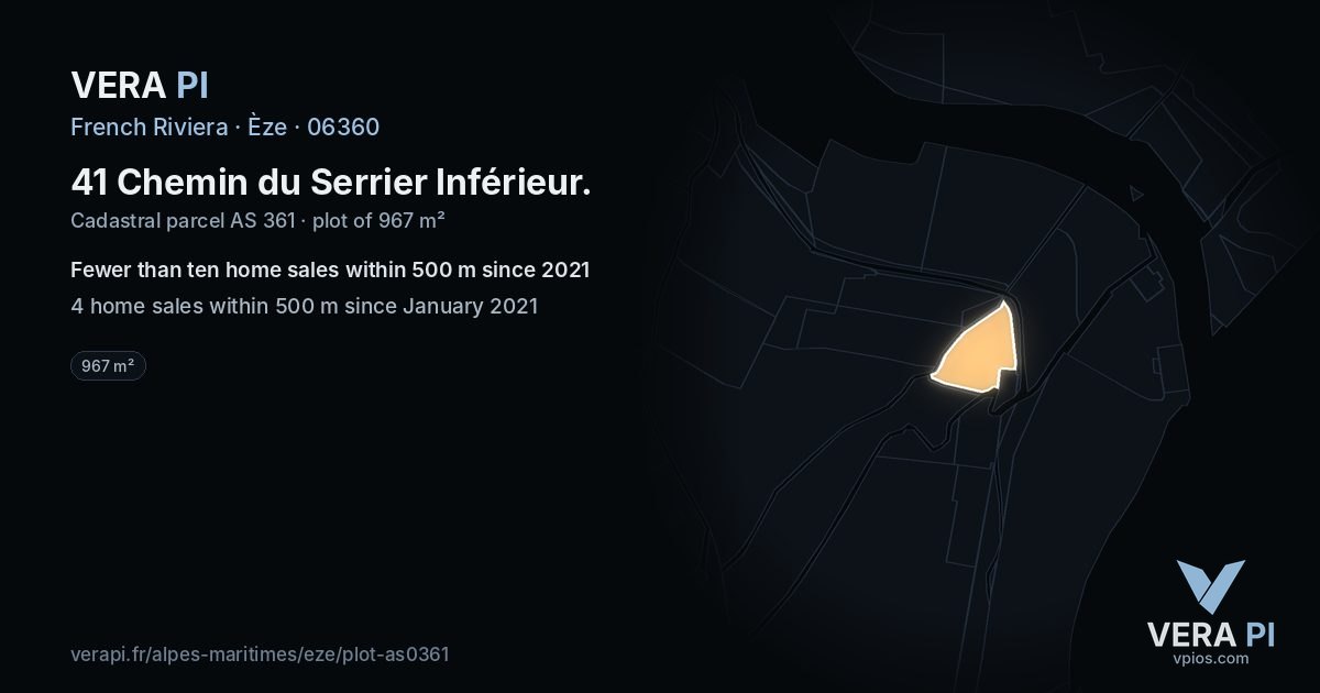 41 Chemin du Serrier Inférieur, Èze at night – the plot lit, the parcels around coloured by the prices near them