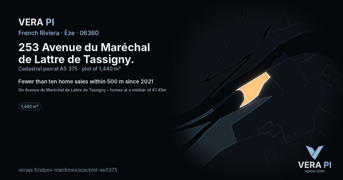253 Avenue du Maréchal de Lattre de Tassigny, Èze at night – the plot lit, the parcels around coloured by the prices near them