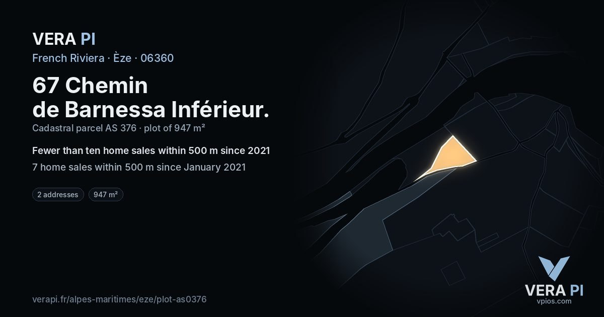 67 Chemin de Barnessa Inférieur, Èze at night – the plot lit, the parcels around coloured by the prices near them