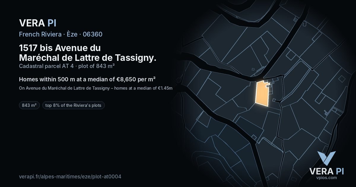 1517 bis Avenue du Maréchal de Lattre de Tassigny, Èze at night – the plot lit, the parcels around coloured by the prices near them
