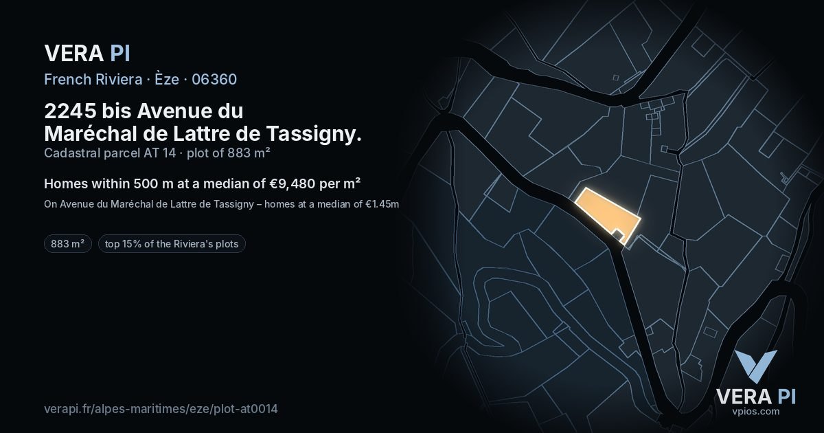 2245 bis Avenue du Maréchal de Lattre de Tassigny, Èze at night – the plot lit, the parcels around coloured by the prices near them
