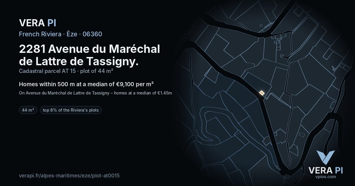 2281 Avenue du Maréchal de Lattre de Tassigny, Èze at night – the plot lit, the parcels around coloured by the prices near them