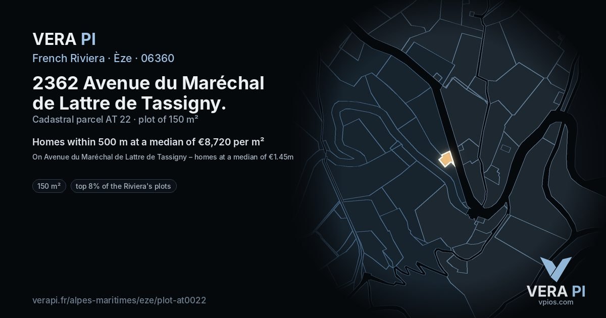 2362 Avenue du Maréchal de Lattre de Tassigny, Èze at night – the plot lit, the parcels around coloured by the prices near them