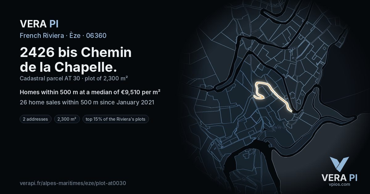 2426 bis Chemin de la Chapelle, Èze at night – the plot lit, the parcels around coloured by the prices near them