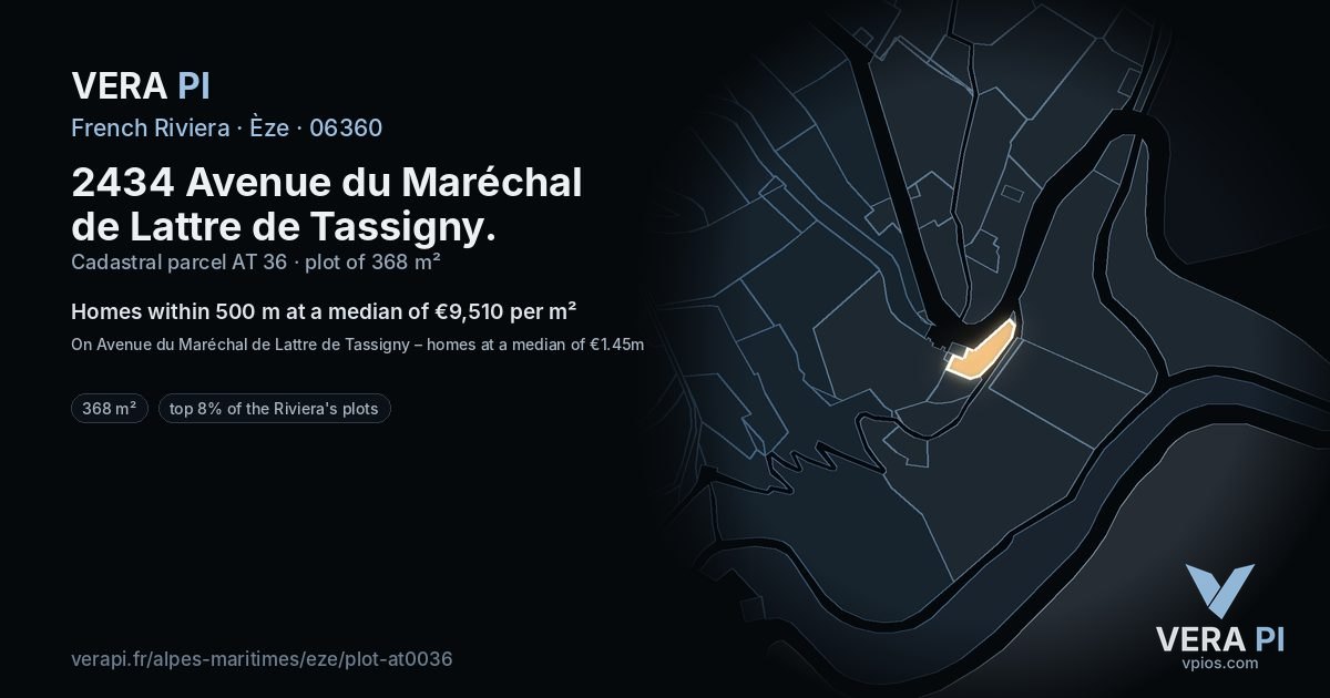 2434 Avenue du Maréchal de Lattre de Tassigny, Èze at night – the plot lit, the parcels around coloured by the prices near them