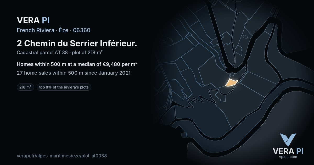 2 Chemin du Serrier Inférieur, Èze at night – the plot lit, the parcels around coloured by the prices near them