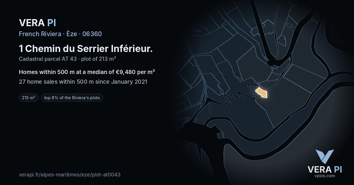 1 Chemin du Serrier Inférieur, Èze at night – the plot lit, the parcels around coloured by the prices near them