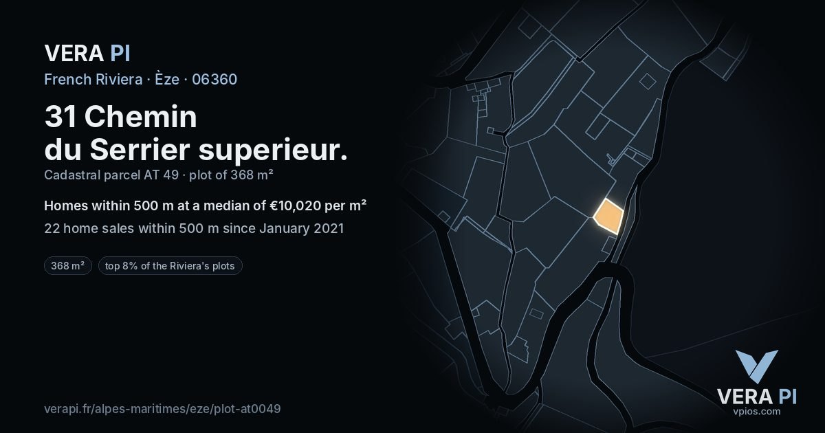 31 Chemin du Serrier superieur, Èze at night – the plot lit, the parcels around coloured by the prices near them
