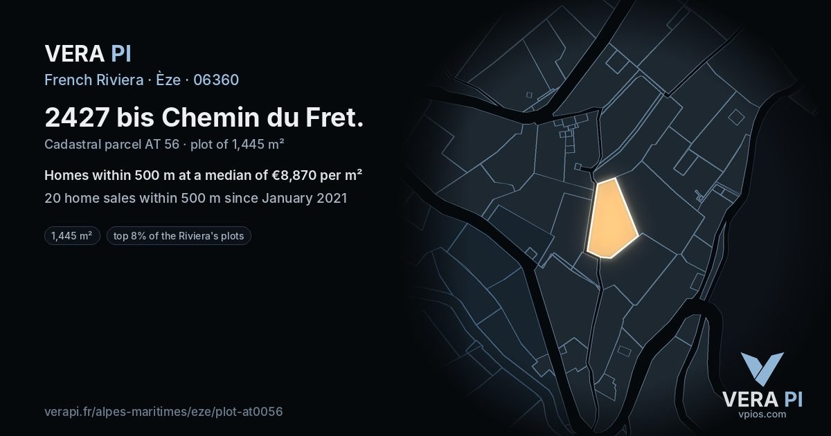 2427 bis Chemin du Fret, Èze at night – the plot lit, the parcels around coloured by the prices near them