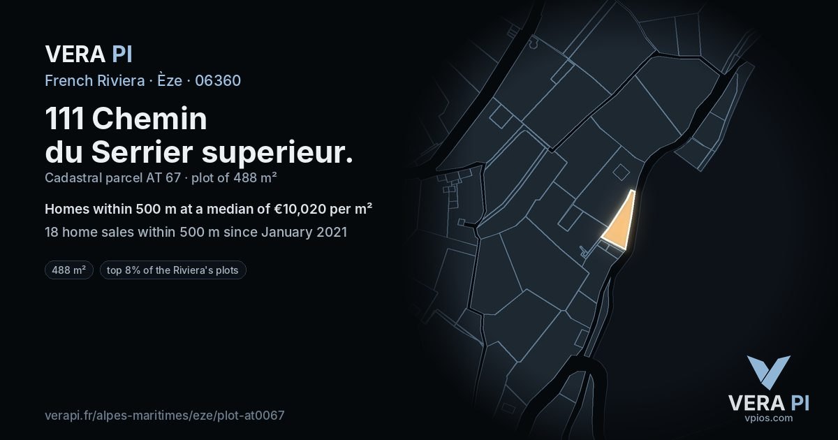 111 Chemin du Serrier superieur, Èze at night – the plot lit, the parcels around coloured by the prices near them