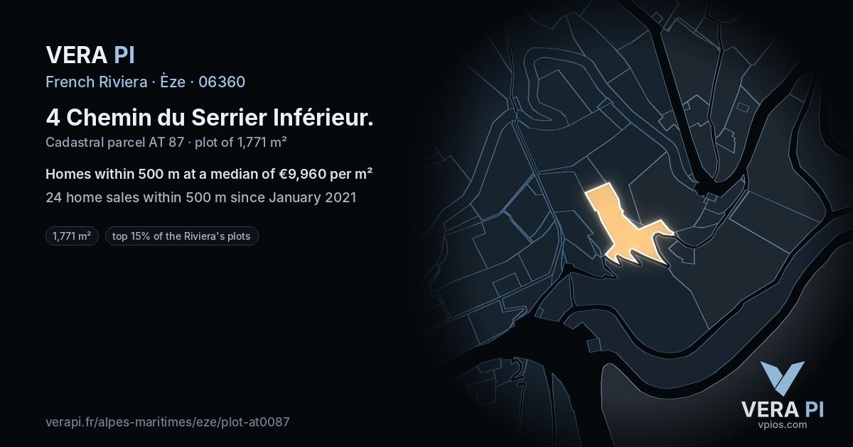 4 Chemin du Serrier Inférieur, Èze at night – the plot lit, the parcels around coloured by the prices near them