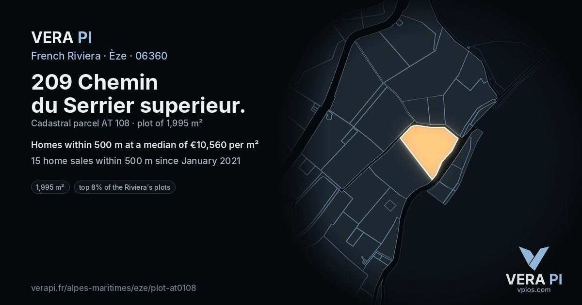 209 Chemin du Serrier superieur, Èze at night – the plot lit, the parcels around coloured by the prices near them
