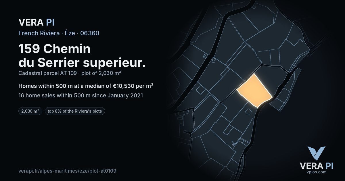 159 Chemin du Serrier superieur, Èze at night – the plot lit, the parcels around coloured by the prices near them