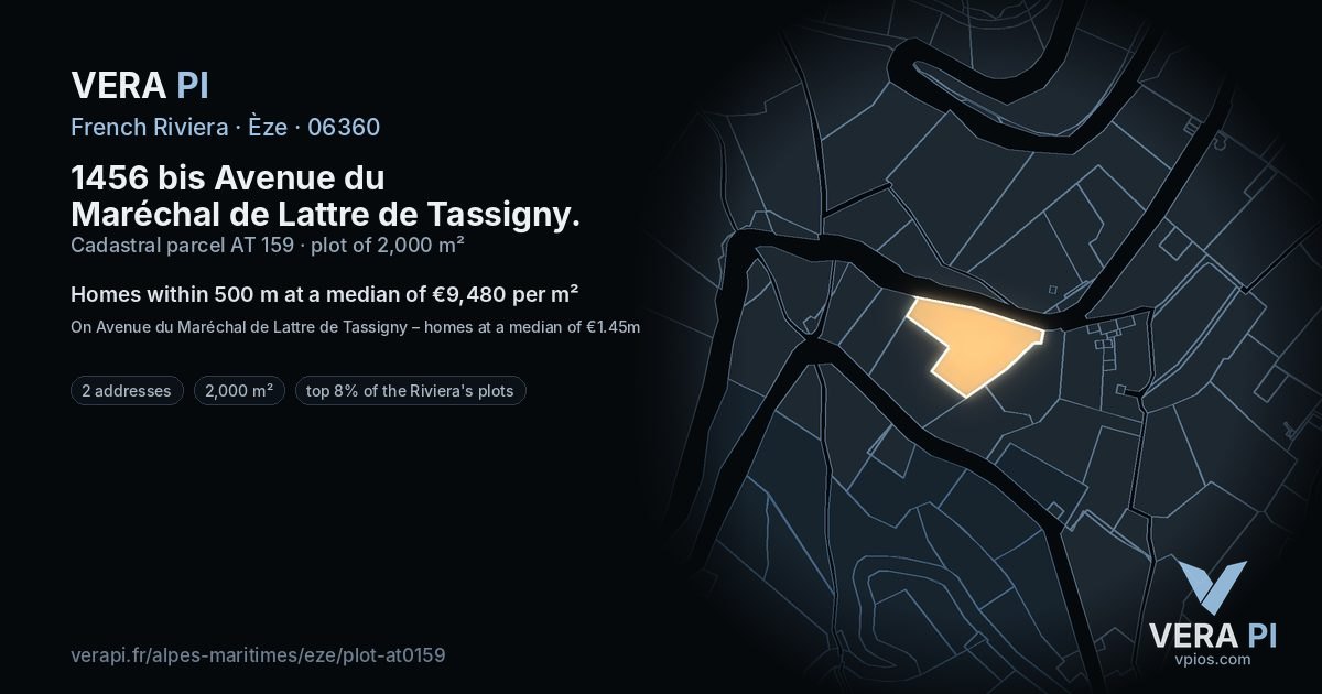 1456 bis Avenue du Maréchal de Lattre de Tassigny, Èze at night – the plot lit, the parcels around coloured by the prices near them