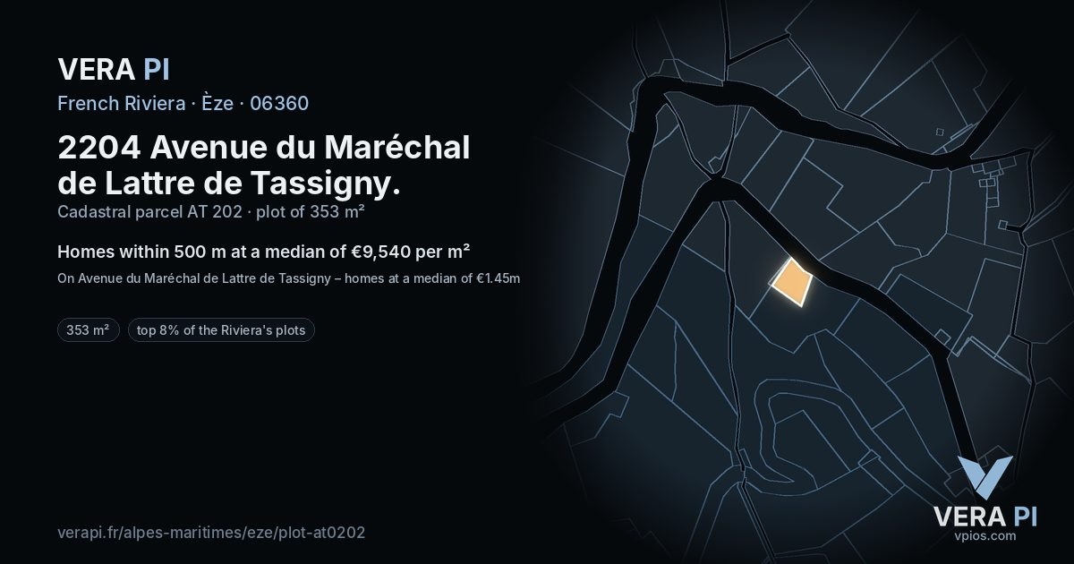 2204 Avenue du Maréchal de Lattre de Tassigny, Èze at night – the plot lit, the parcels around coloured by the prices near them