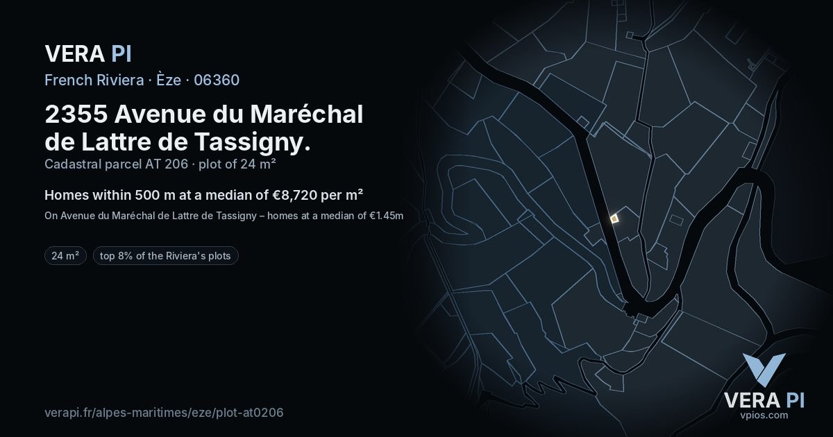 2355 Avenue du Maréchal de Lattre de Tassigny, Èze at night – the plot lit, the parcels around coloured by the prices near them